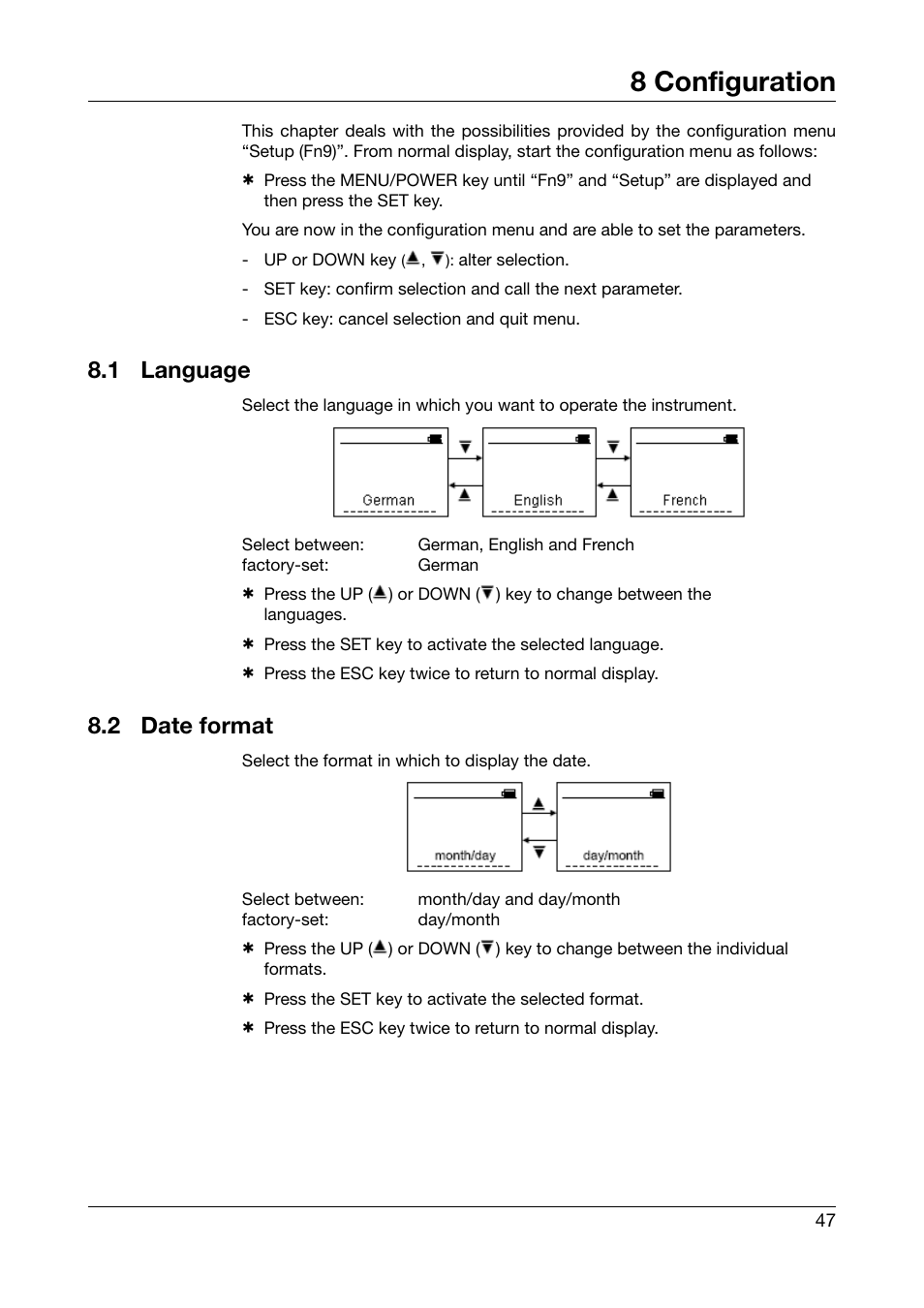 8 configuration, 1 language, 2 date format | Configuration, Language, Date format, See chapter 8, See chapter 8 “configuration | JUMO 702540 TDA-300 / TDA-3000 - Handheld thermometer Operating Manual User Manual | Page 47 / 68