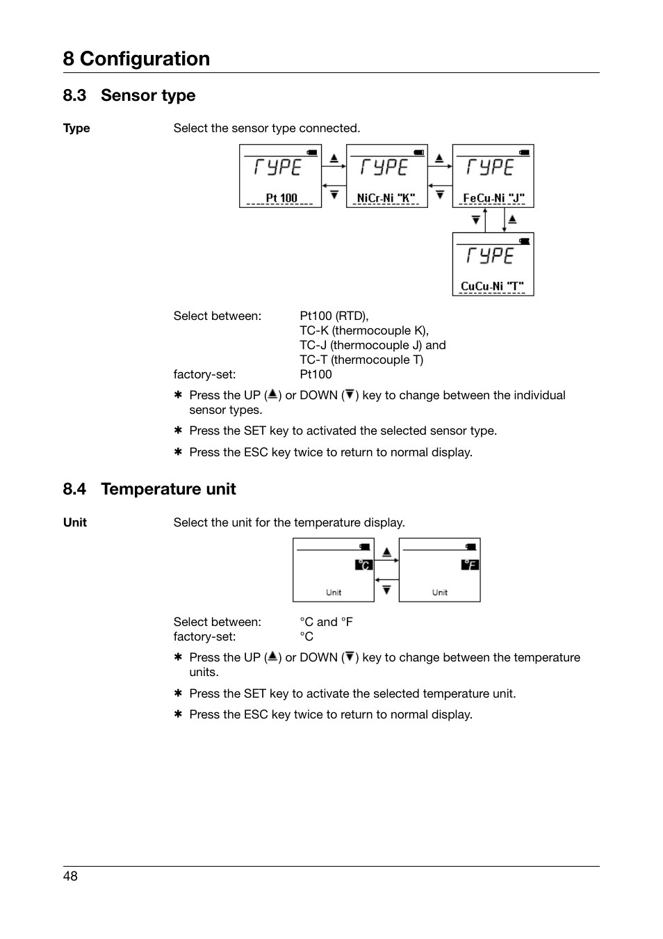 3 sensor type, 4 temperature unit, Sensor type | Temperature unit, 8 configuration | JUMO 702540 TDA-300 / TDA-3000 - Handheld thermometer Operating Manual User Manual | Page 48 / 68