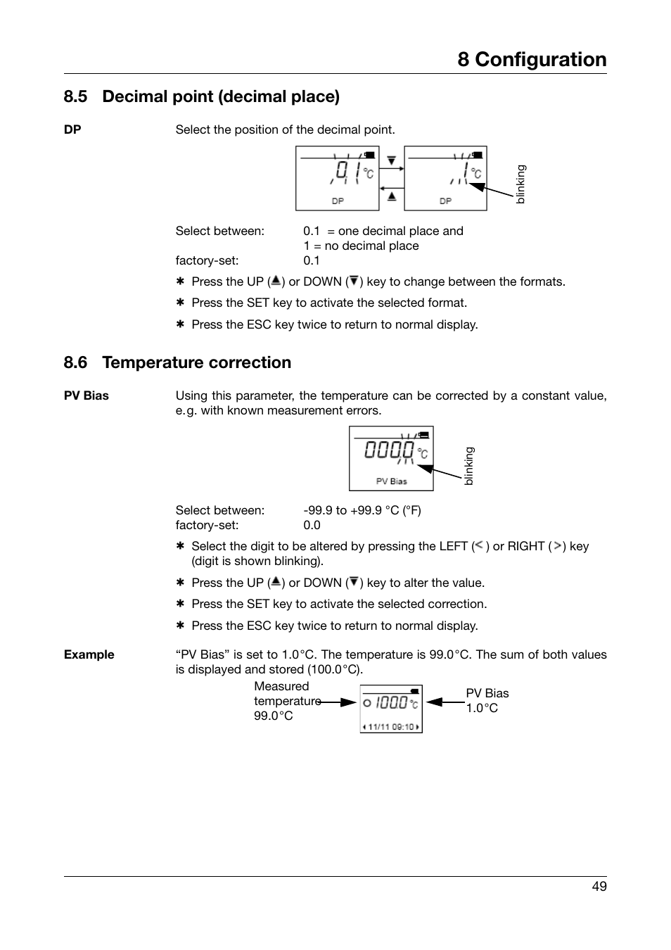 5 decimal point (decimal place), 6 temperature correction, Decimal point (decimal place) | Temperature correction, 8 configuration | JUMO 702540 TDA-300 / TDA-3000 - Handheld thermometer Operating Manual User Manual | Page 49 / 68