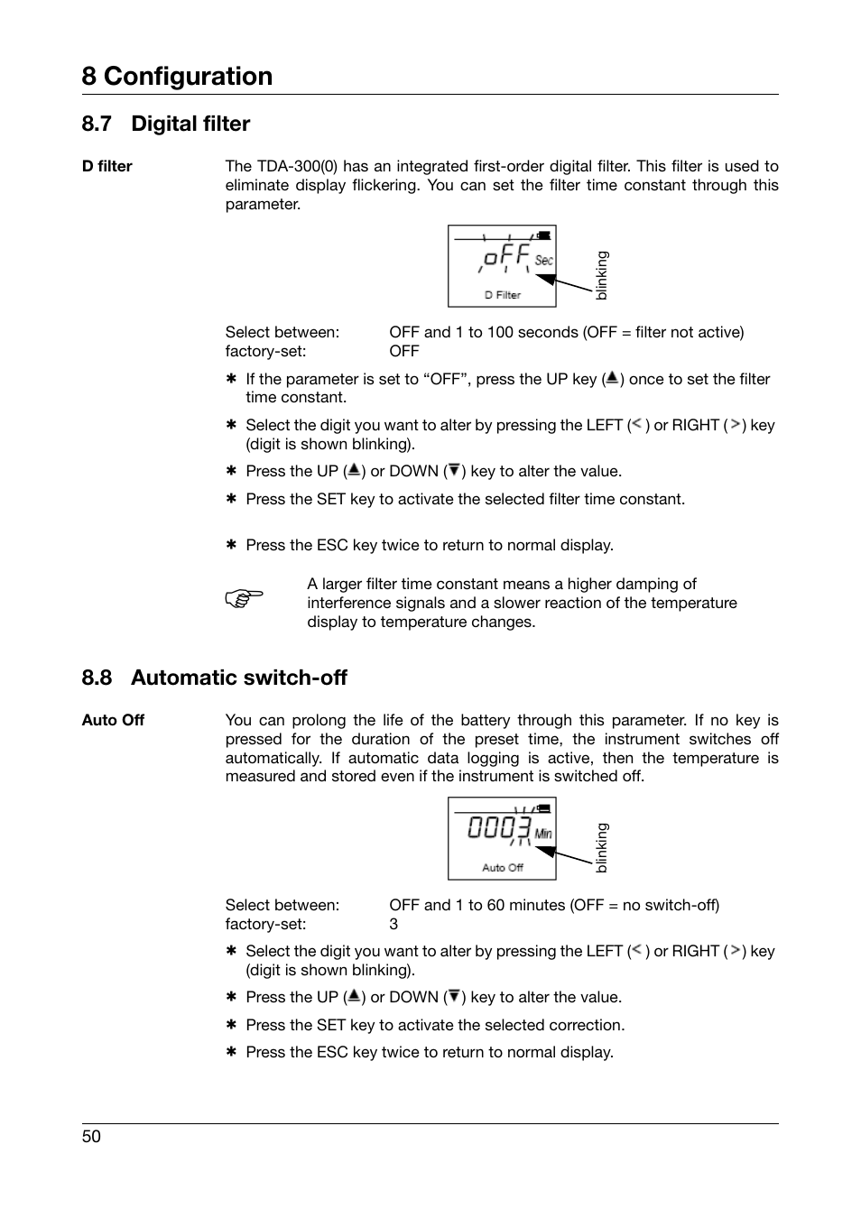 7 digital filter, 8 automatic switch-off, Digital filter | Automatic switch-off, 8 configuration | JUMO 702540 TDA-300 / TDA-3000 - Handheld thermometer Operating Manual User Manual | Page 50 / 68