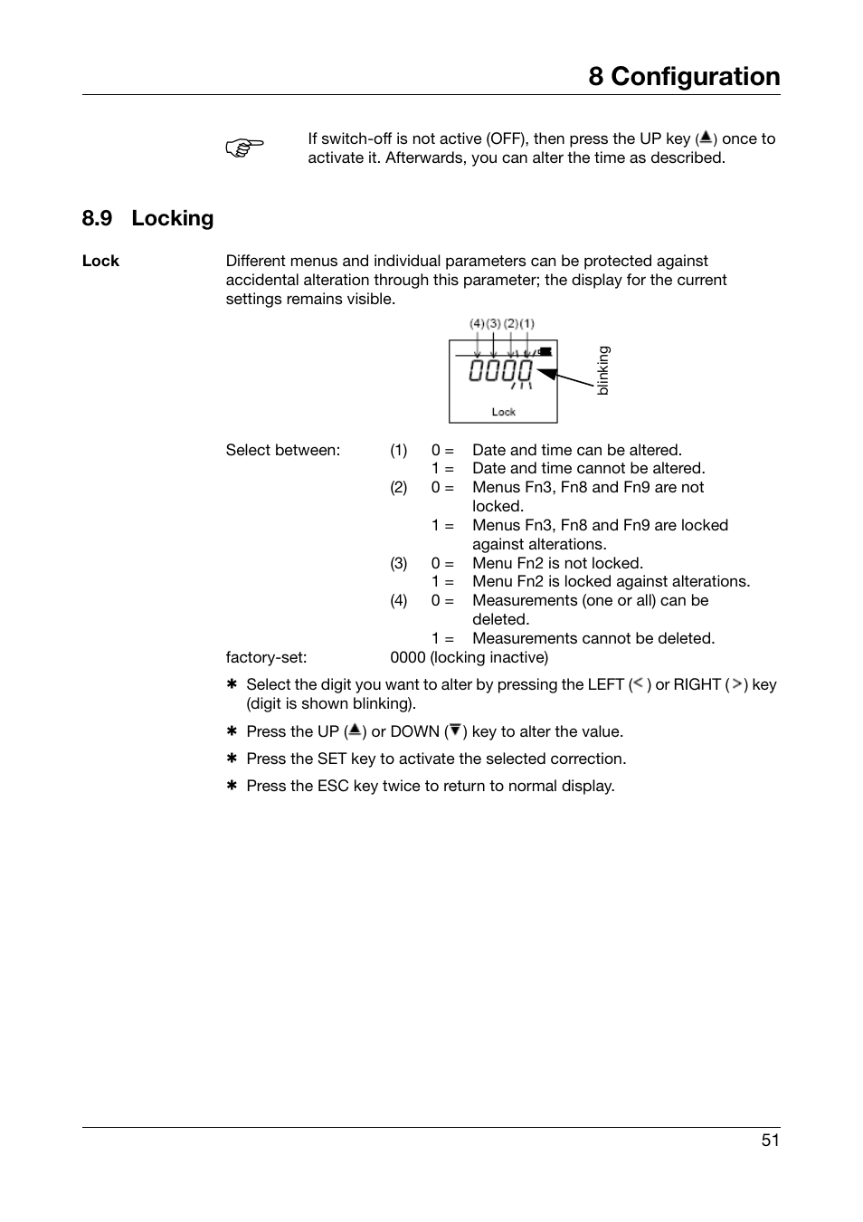 9 locking, Locking, 8 configuration | JUMO 702540 TDA-300 / TDA-3000 - Handheld thermometer Operating Manual User Manual | Page 51 / 68