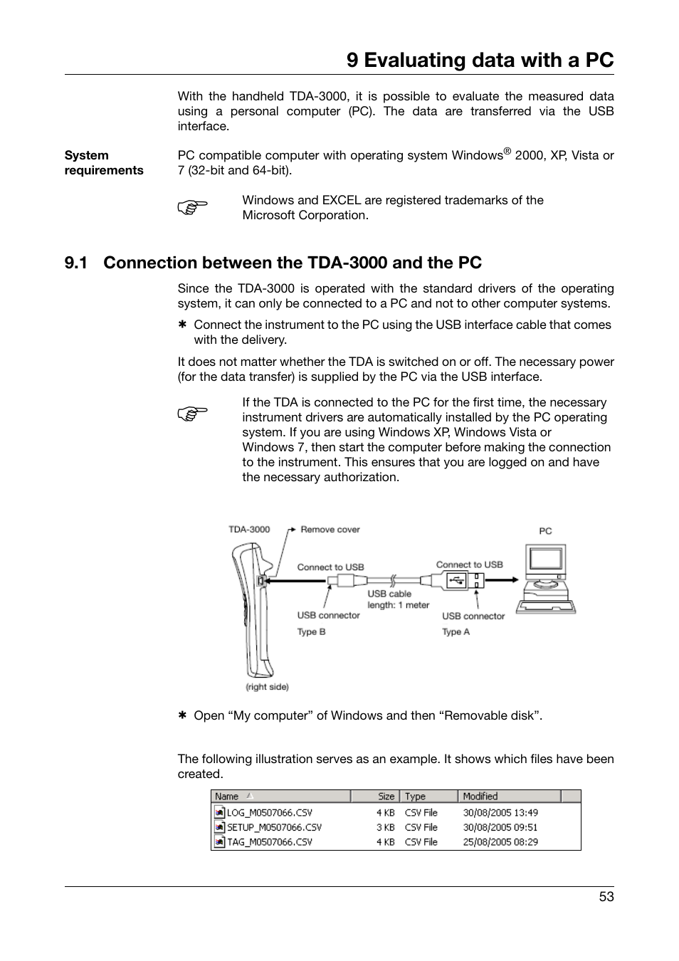 9 evaluating data with a pc, 1 connection between the tda-3000 and the pc, Evaluating data with a pc | Connection between the tda-3000 and the pc | JUMO 702540 TDA-300 / TDA-3000 - Handheld thermometer Operating Manual User Manual | Page 53 / 68