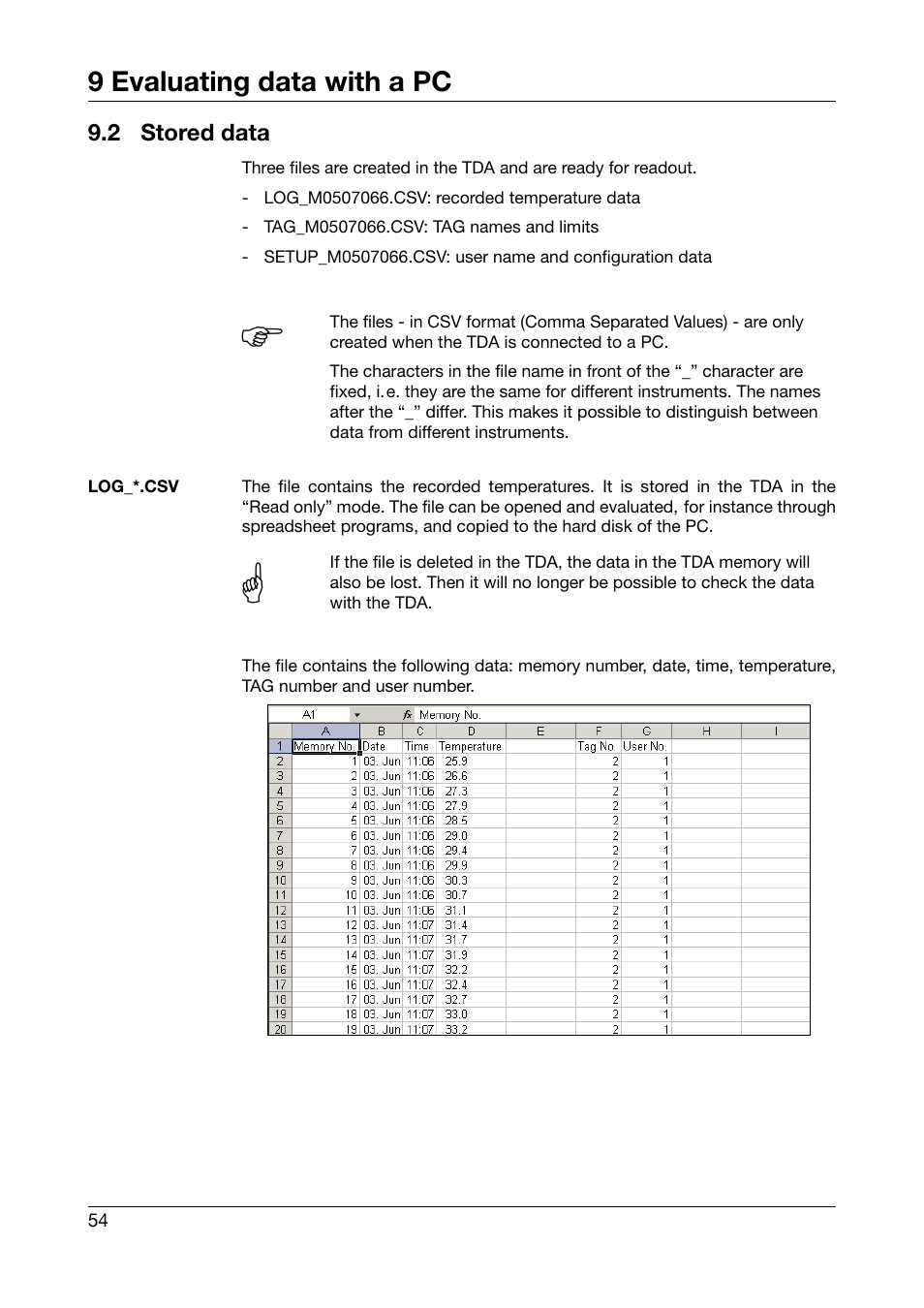2 stored data, Stored data, 9 evaluating data with a pc | JUMO 702540 TDA-300 / TDA-3000 - Handheld thermometer Operating Manual User Manual | Page 54 / 68