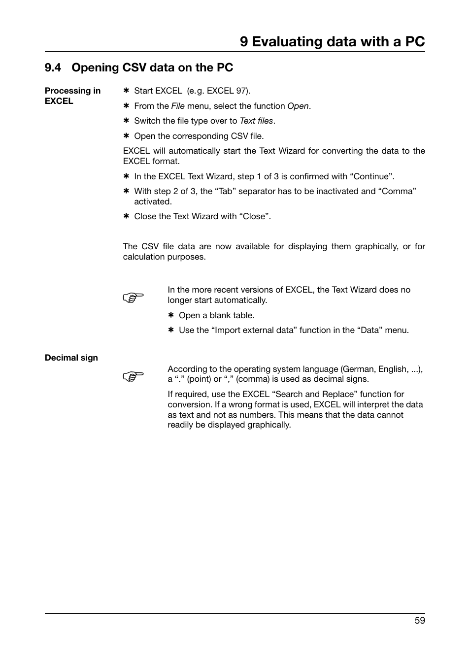 4 opening csv data on the pc, Opening csv data on the pc, 9 evaluating data with a pc | JUMO 702540 TDA-300 / TDA-3000 - Handheld thermometer Operating Manual User Manual | Page 59 / 68
