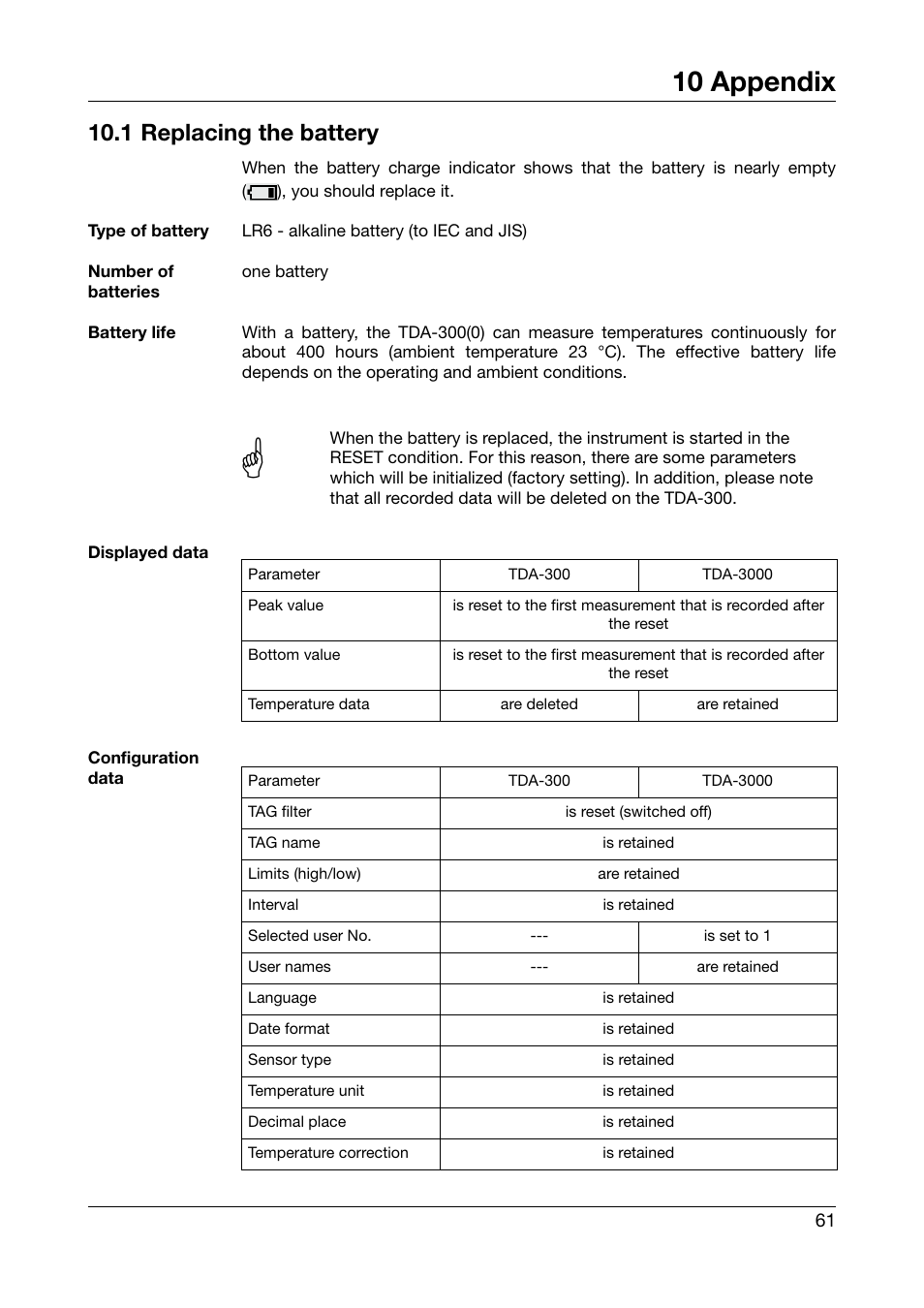 10 appendix, 1 replacing the battery, Appendix | JUMO 702540 TDA-300 / TDA-3000 - Handheld thermometer Operating Manual User Manual | Page 61 / 68