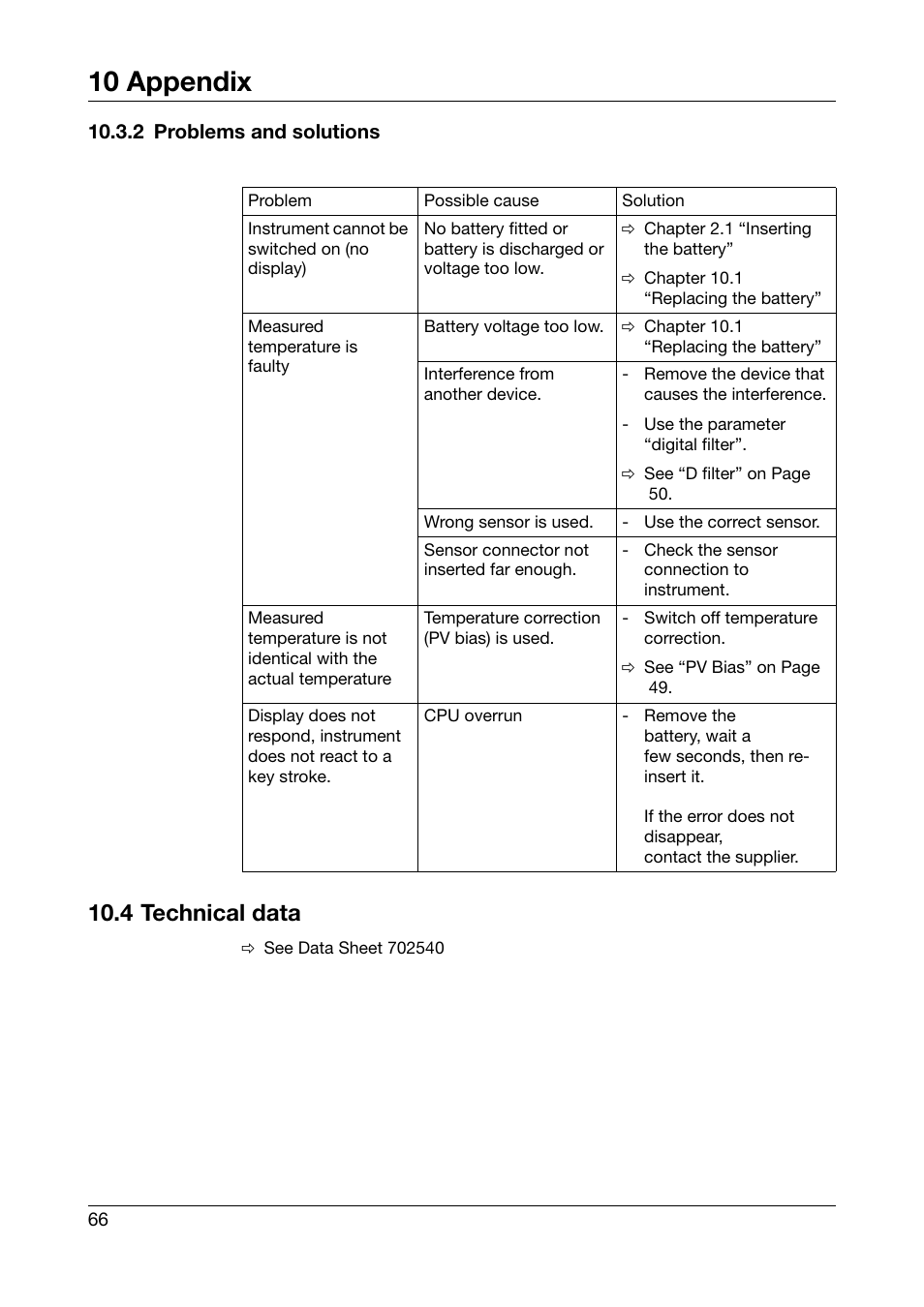 2 problems and solutions, 4 technical data, 2problems and solutions | 10 appendix | JUMO 702540 TDA-300 / TDA-3000 - Handheld thermometer Operating Manual User Manual | Page 66 / 68