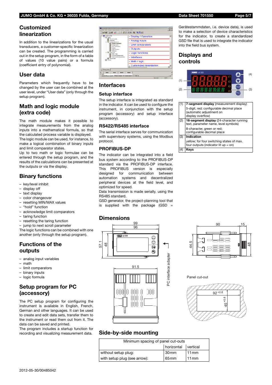 Customized linearization, User data, Math and logic module (extra code) | Binary functions, Functions of the outputs, Setup program for pc (accessory), Interfaces, Displays and controls, Dimensions side-by-side mounting | JUMO 701550 di 308 - Digital Indicator Data Sheet User Manual | Page 5 / 7