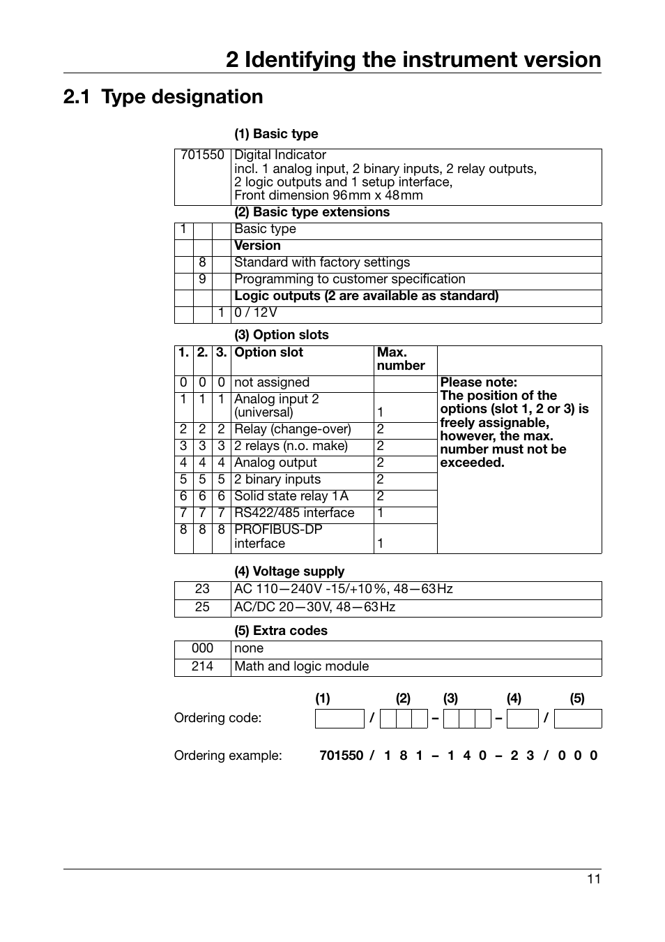 2 identifying the instrument version, 1 type designation, Identifying the instrument version | Type designation | JUMO 701550 di 308 - Digital Indicator Operating Manual User Manual | Page 11 / 76