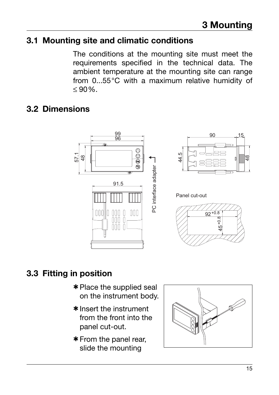 3 mounting, 1 mounting site and climatic conditions, 2 dimensions | 3 fitting in position, Mounting, Mounting site and climatic conditions, Dimensions, Fitting in position, 2 dimensions 3.3 fitting in position | JUMO 701550 di 308 - Digital Indicator Operating Manual User Manual | Page 15 / 76