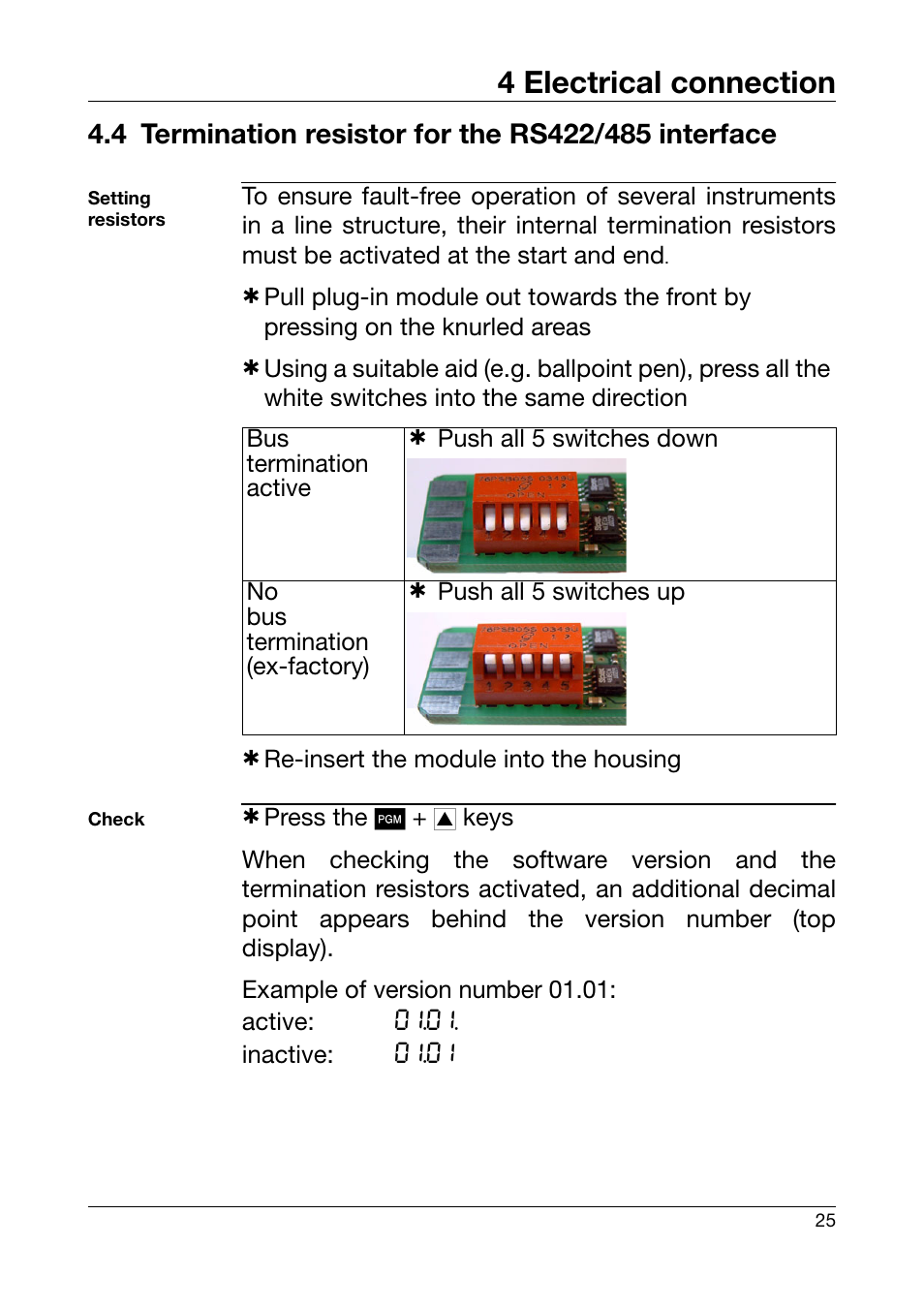 4 termination resistor for the rs422/485 interface, Termination resistor for the rs422/485 interface, 4 electrical connection | JUMO 701550 di 308 - Digital Indicator Operating Manual User Manual | Page 25 / 76