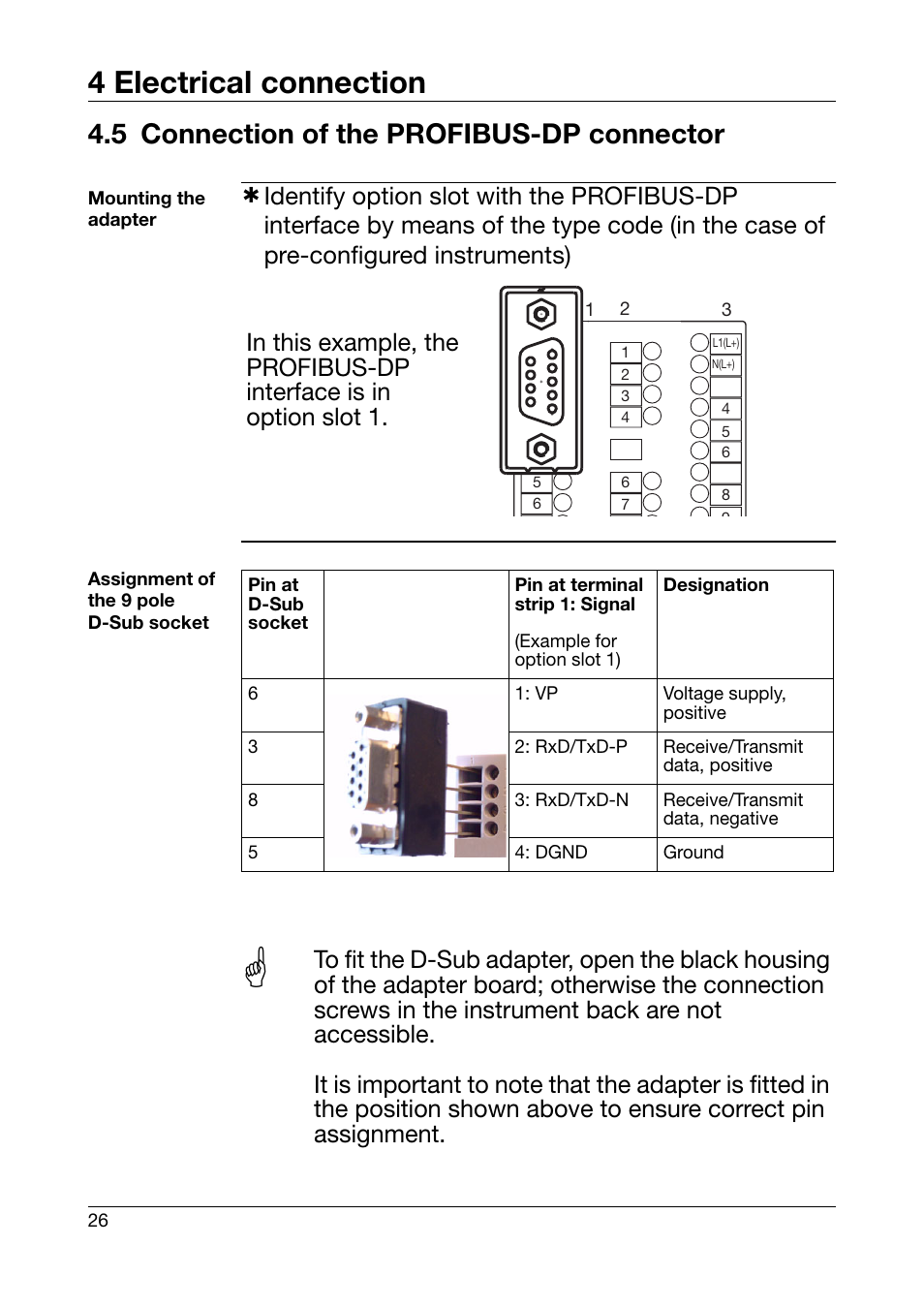 5 connection of the profibus-dp connector, Connection of the profibus-dp connector, 4 electrical connection | JUMO 701550 di 308 - Digital Indicator Operating Manual User Manual | Page 26 / 76