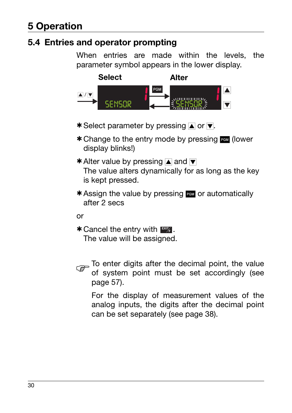 4 entries and operator prompting, Entries and operator prompting, 5 operation | Se nsor | JUMO 701550 di 308 - Digital Indicator Operating Manual User Manual | Page 30 / 76