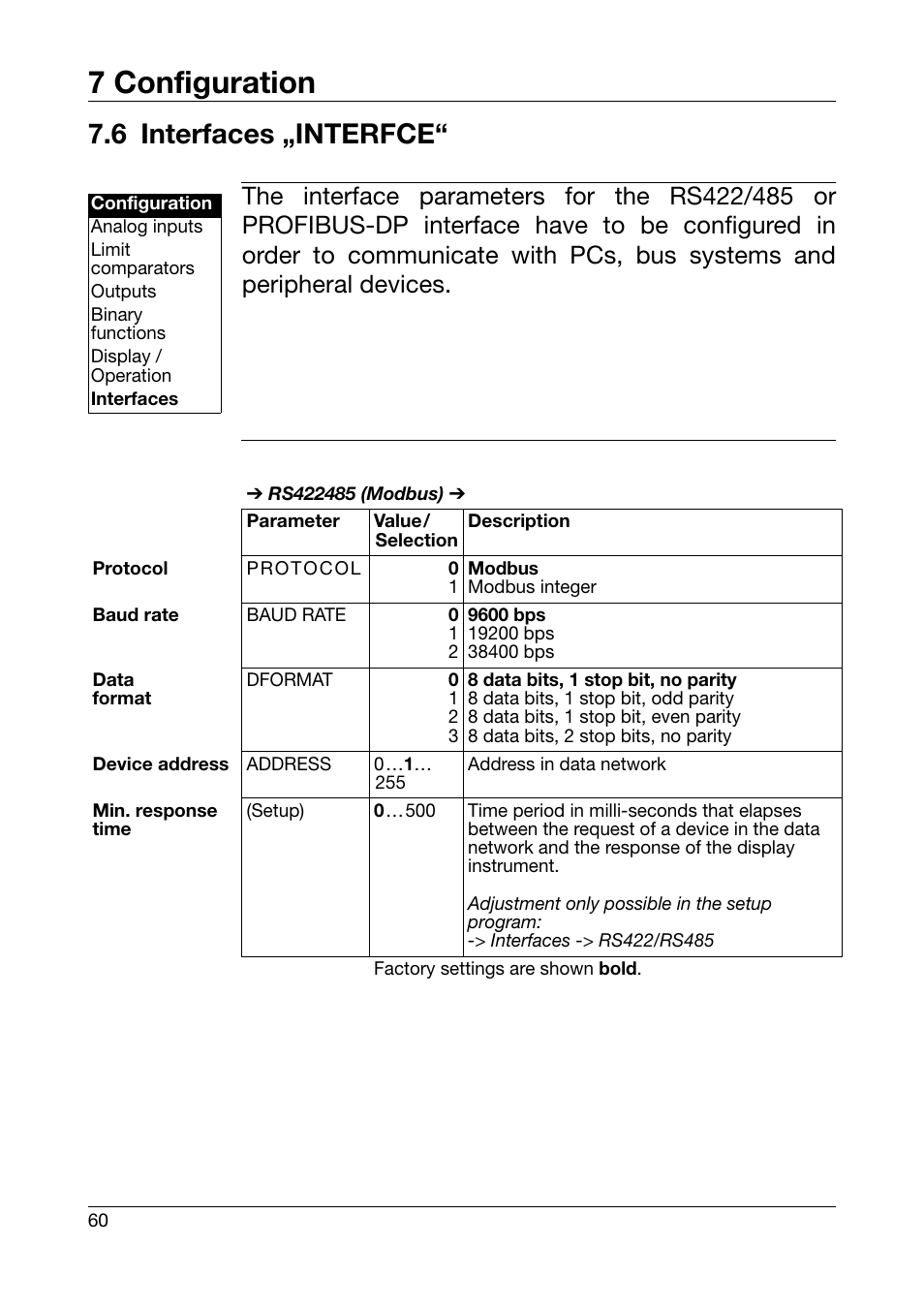 6 interfaces „interfce, Interfaces „interfce, 7 configuration | JUMO 701550 di 308 - Digital Indicator Operating Manual User Manual | Page 60 / 76