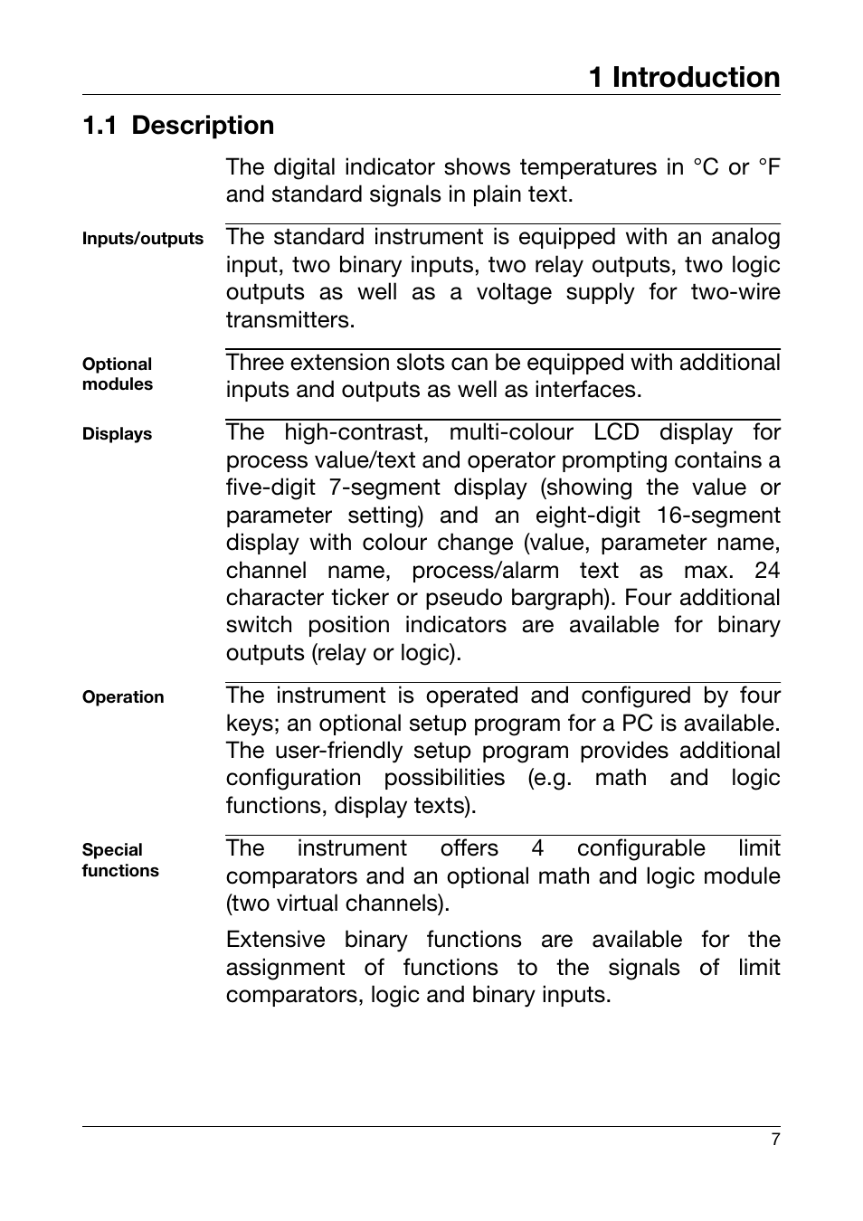 1 introduction, 1 description, Introduction | Description | JUMO 701550 di 308 - Digital Indicator Operating Manual User Manual | Page 7 / 76