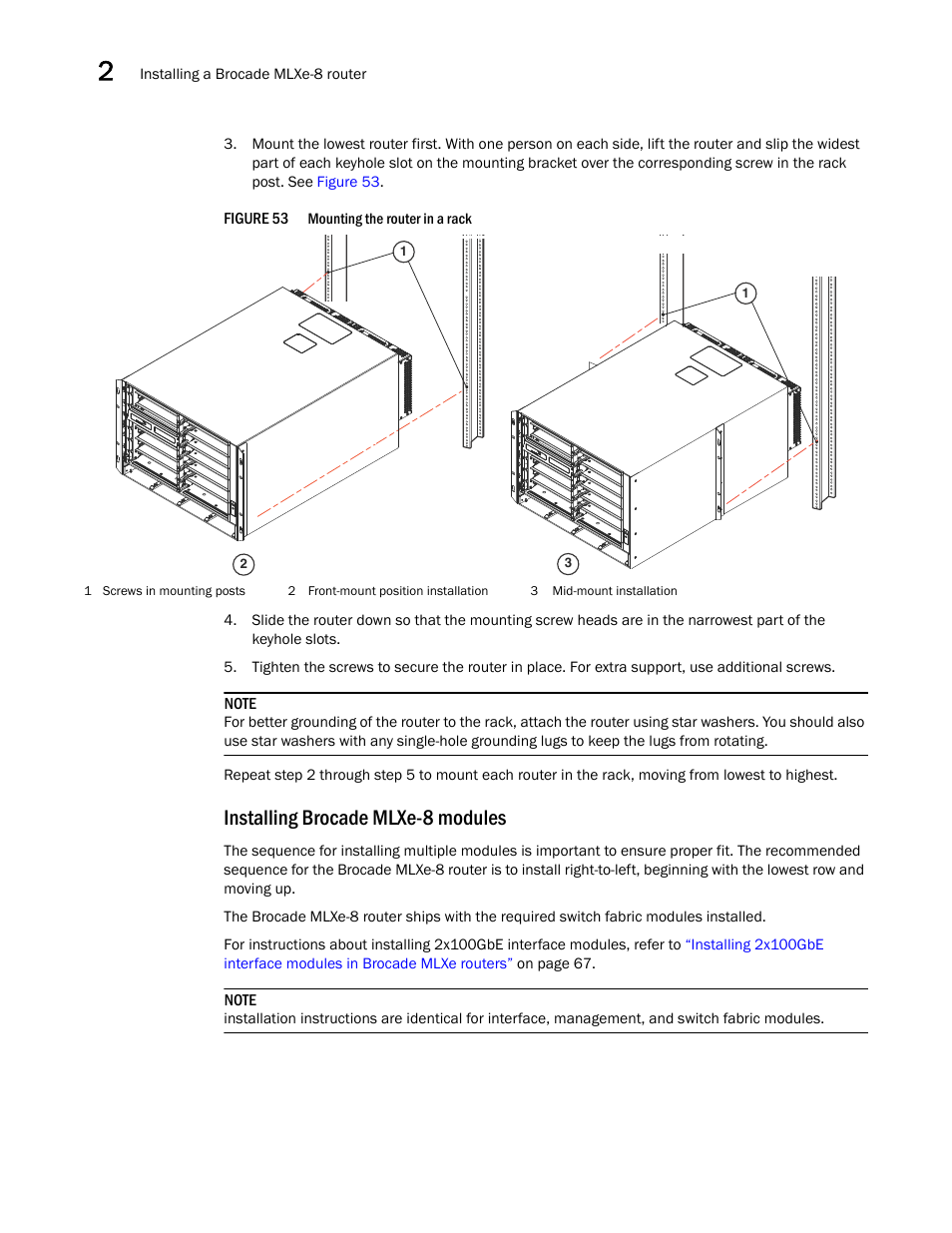 Installing brocade mlxe-8 modules, Figure 53 | Brocade Communications Systems Brocade MLX Series and Brocade Netlron XMR 53-1002373-02 User Manual | Page 100 / 452