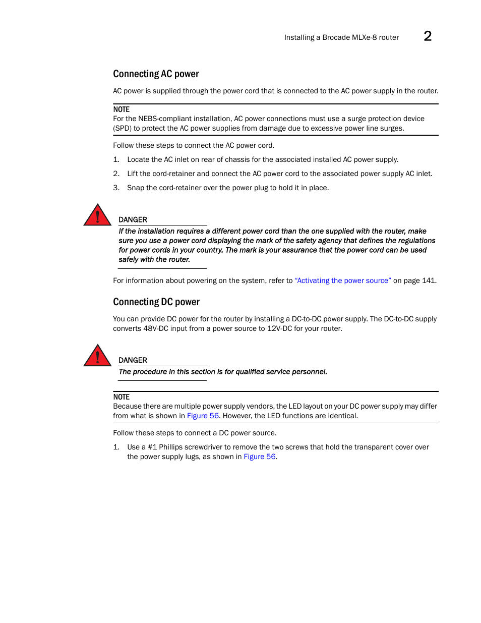 Connecting ac power, Connecting dc power | Brocade Communications Systems Brocade MLX Series and Brocade Netlron XMR 53-1002373-02 User Manual | Page 105 / 452