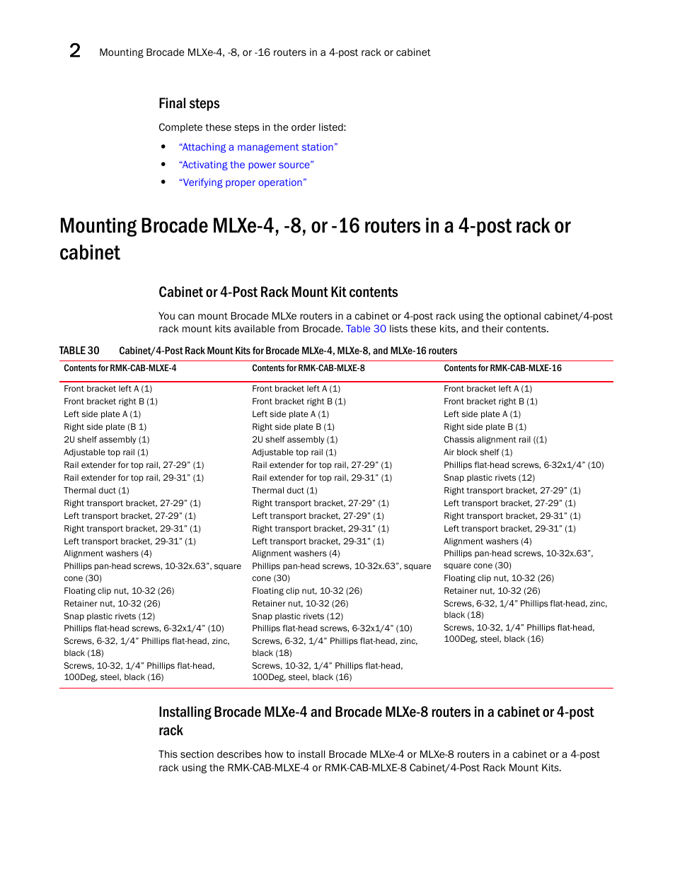 Final steps, Cabinet or 4-post rack mount kit contents | Brocade Communications Systems Brocade MLX Series and Brocade Netlron XMR 53-1002373-02 User Manual | Page 118 / 452