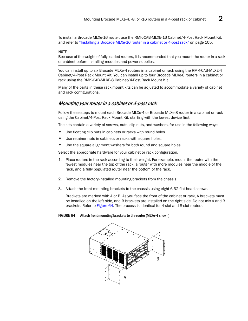 Mounting your router in a cabinet or 4-post rack | Brocade Communications Systems Brocade MLX Series and Brocade Netlron XMR 53-1002373-02 User Manual | Page 119 / 452