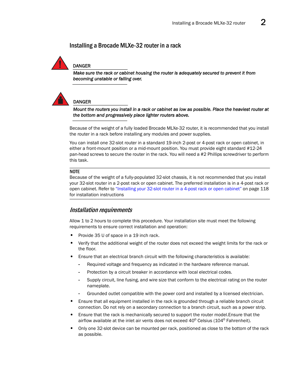 Installing a brocade mlxe-32 router in a rack, Installation requirements | Brocade Communications Systems Brocade MLX Series and Brocade Netlron XMR 53-1002373-02 User Manual | Page 129 / 452