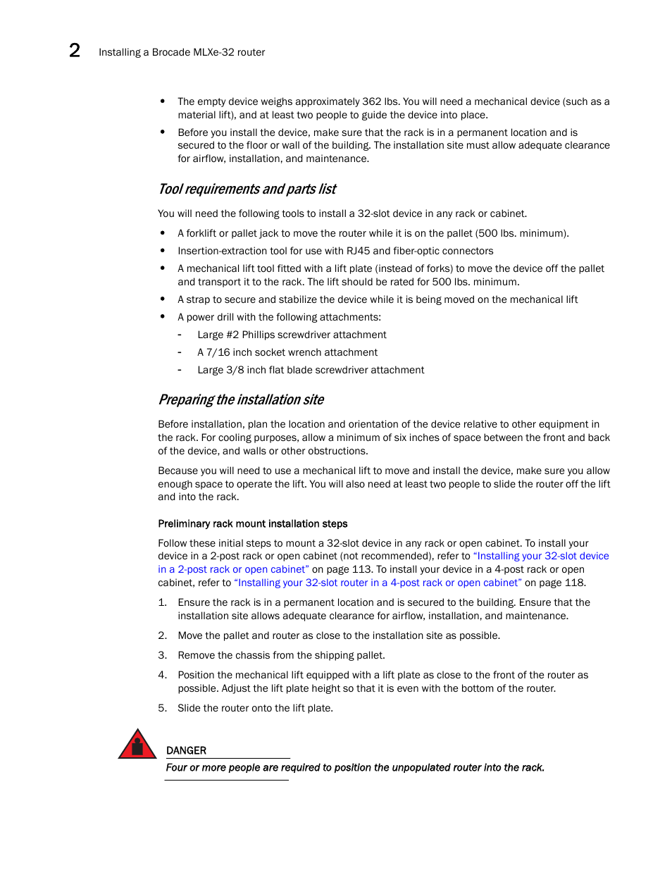 Tool requirements and parts list, Preparing the installation site | Brocade Communications Systems Brocade MLX Series and Brocade Netlron XMR 53-1002373-02 User Manual | Page 130 / 452