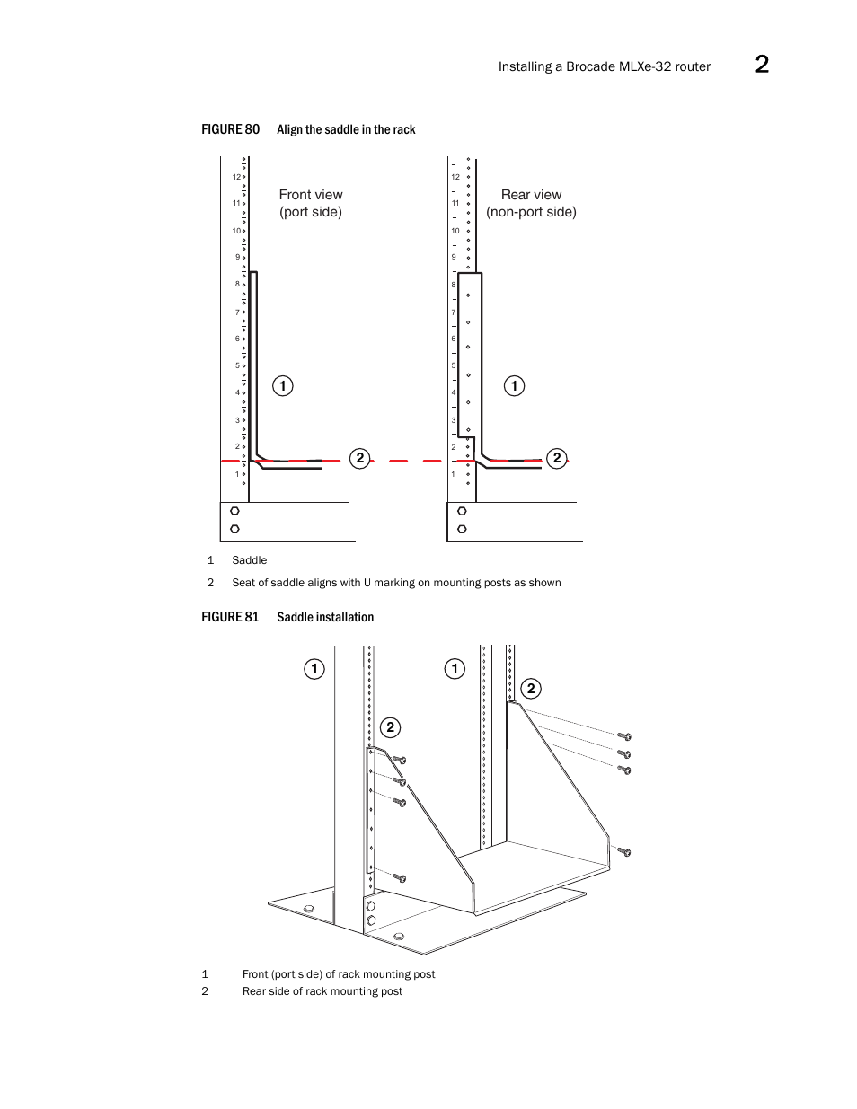 Figure 80, Figure 81, Installing a brocade mlxe-32 router | Align the saddle in the rack, Saddle installation | Brocade Communications Systems Brocade MLX Series and Brocade Netlron XMR 53-1002373-02 User Manual | Page 133 / 452