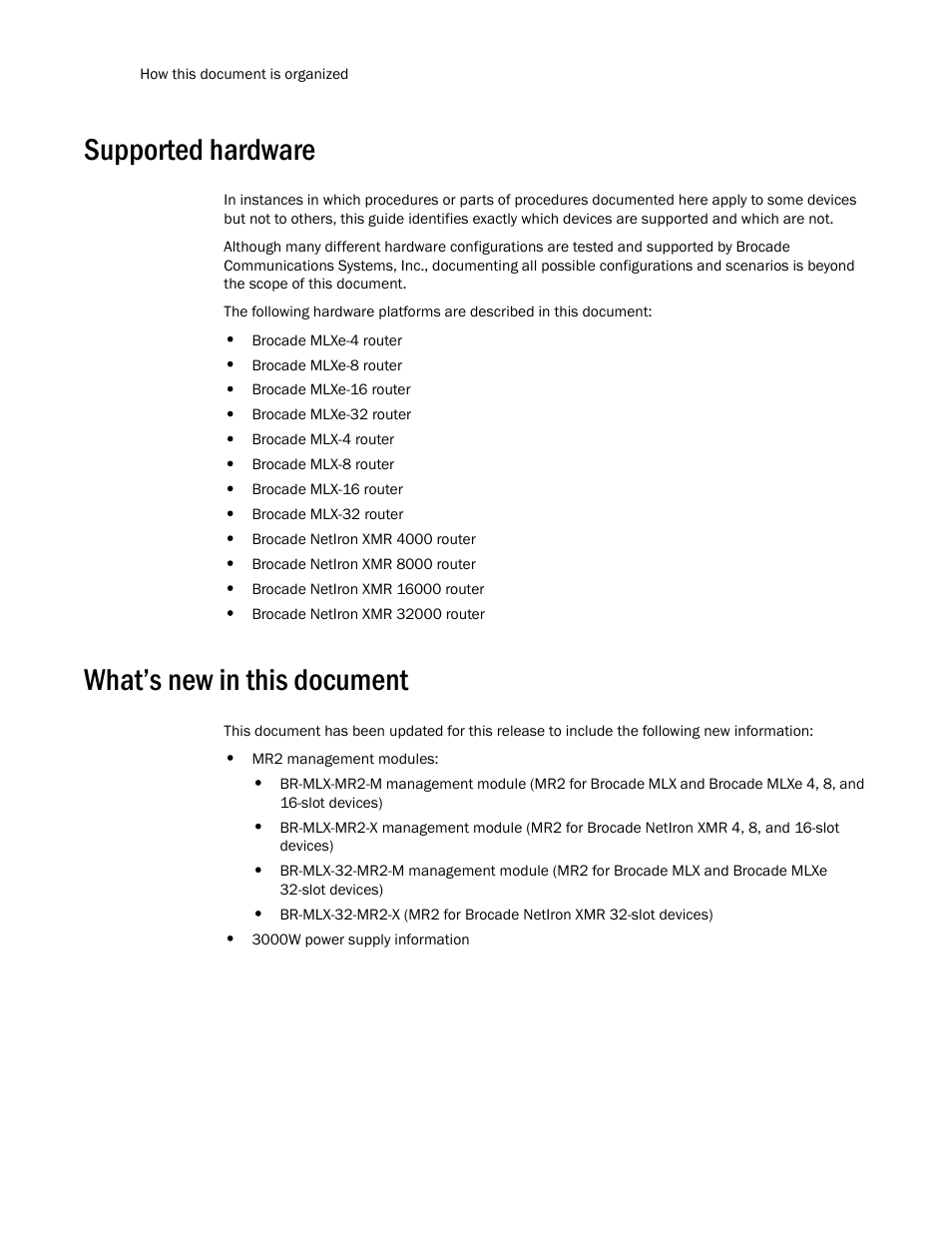 Supported hardware, What’s new in this document | Brocade Communications Systems Brocade MLX Series and Brocade Netlron XMR 53-1002373-02 User Manual | Page 14 / 452
