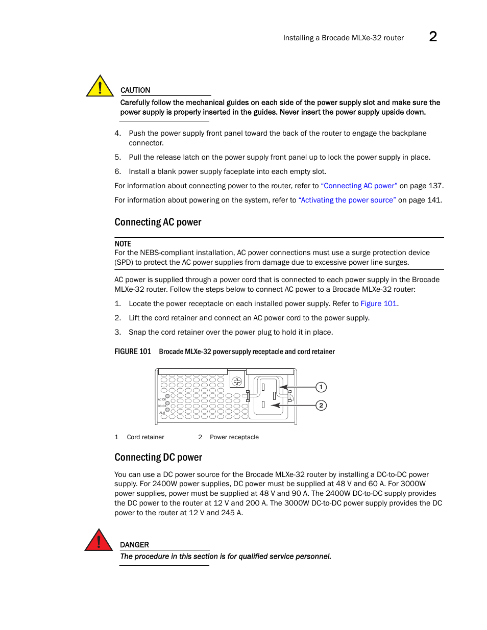 Connecting ac power, Connecting dc power | Brocade Communications Systems Brocade MLX Series and Brocade Netlron XMR 53-1002373-02 User Manual | Page 155 / 452