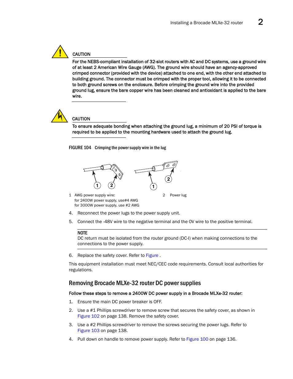 Removing brocade mlxe-32 router dc power supplies, Figure 104 | Brocade Communications Systems Brocade MLX Series and Brocade Netlron XMR 53-1002373-02 User Manual | Page 157 / 452