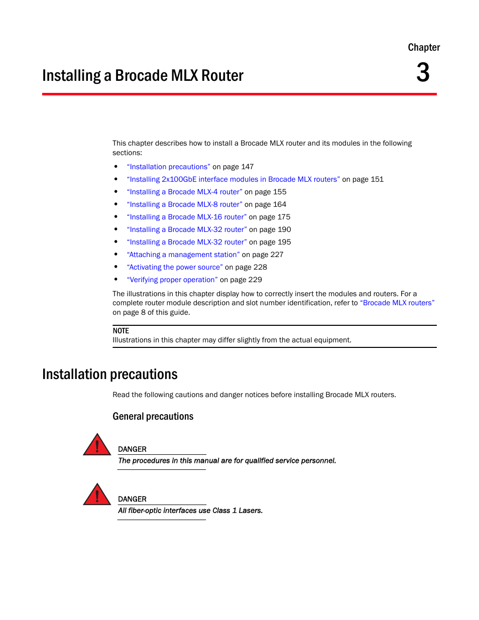 Installing a brocade mlx router, Installation precautions, General precautions | Chapter 3, Chapter 3, “installing a brocade mlx router, Chapter | Brocade Communications Systems Brocade MLX Series and Brocade Netlron XMR 53-1002373-02 User Manual | Page 165 / 452