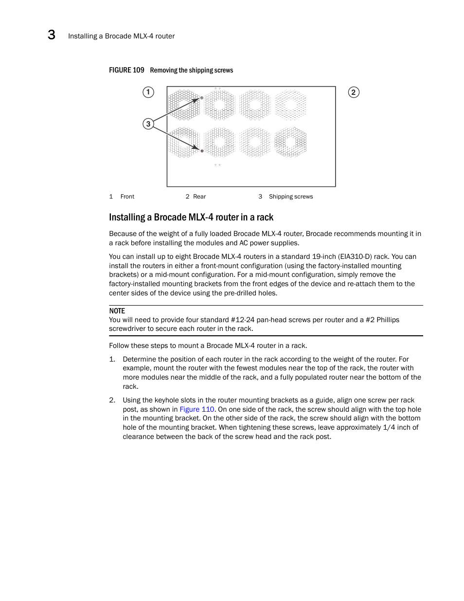 Installing a brocade mlx-4 router in a rack, Figure 109 | Brocade Communications Systems Brocade MLX Series and Brocade Netlron XMR 53-1002373-02 User Manual | Page 174 / 452