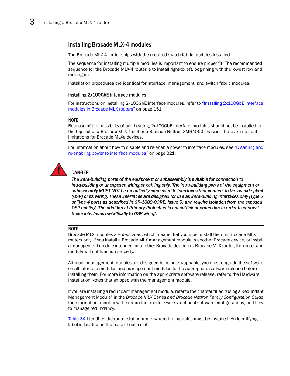 Installing brocade mlx-4 modules | Brocade Communications Systems Brocade MLX Series and Brocade Netlron XMR 53-1002373-02 User Manual | Page 176 / 452