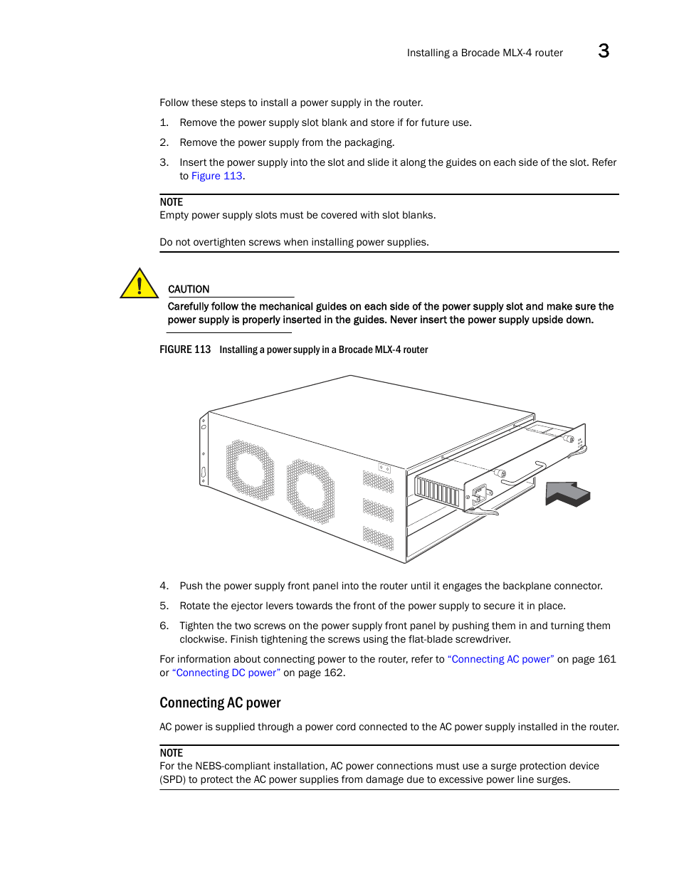 Connecting ac power | Brocade Communications Systems Brocade MLX Series and Brocade Netlron XMR 53-1002373-02 User Manual | Page 179 / 452
