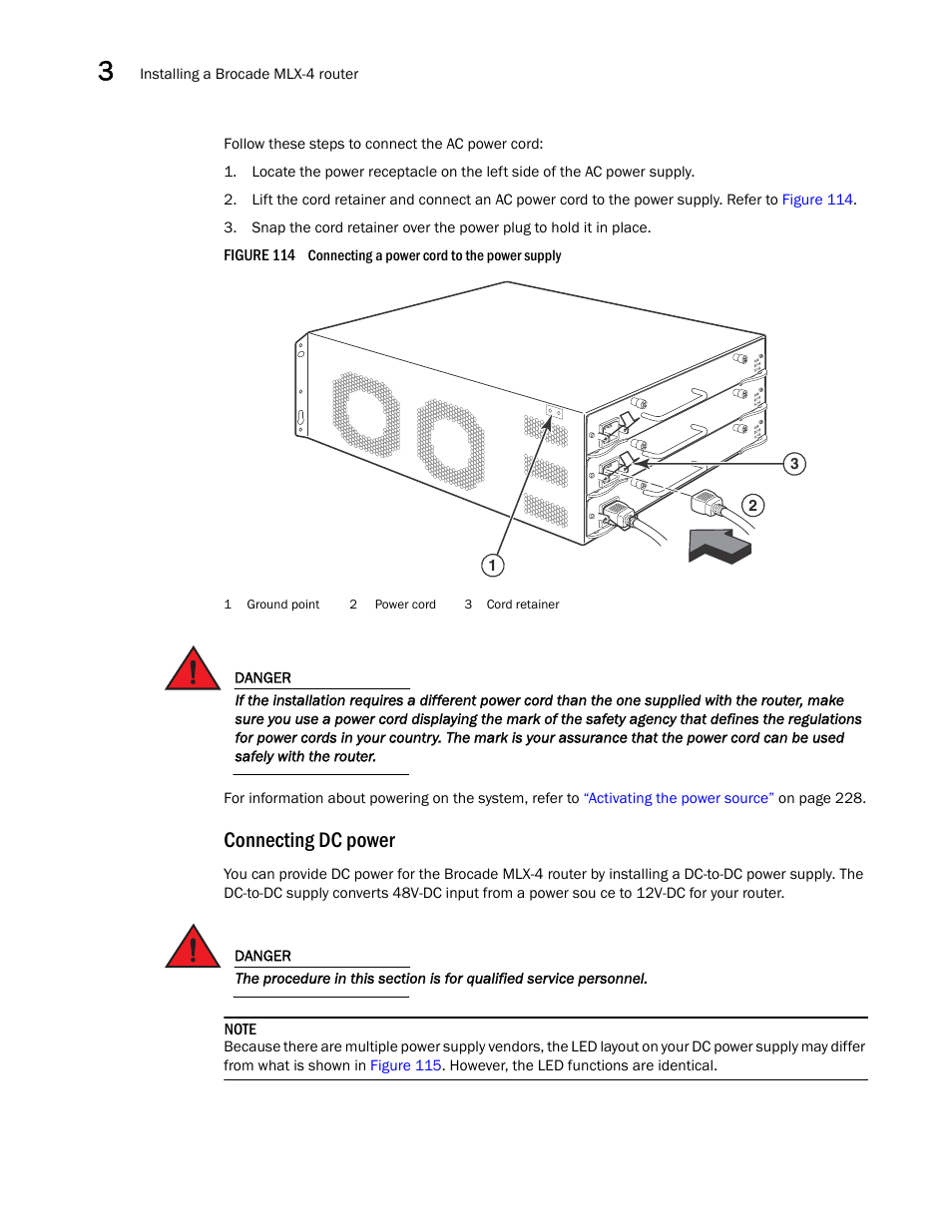 Connecting dc power | Brocade Communications Systems Brocade MLX Series and Brocade Netlron XMR 53-1002373-02 User Manual | Page 180 / 452