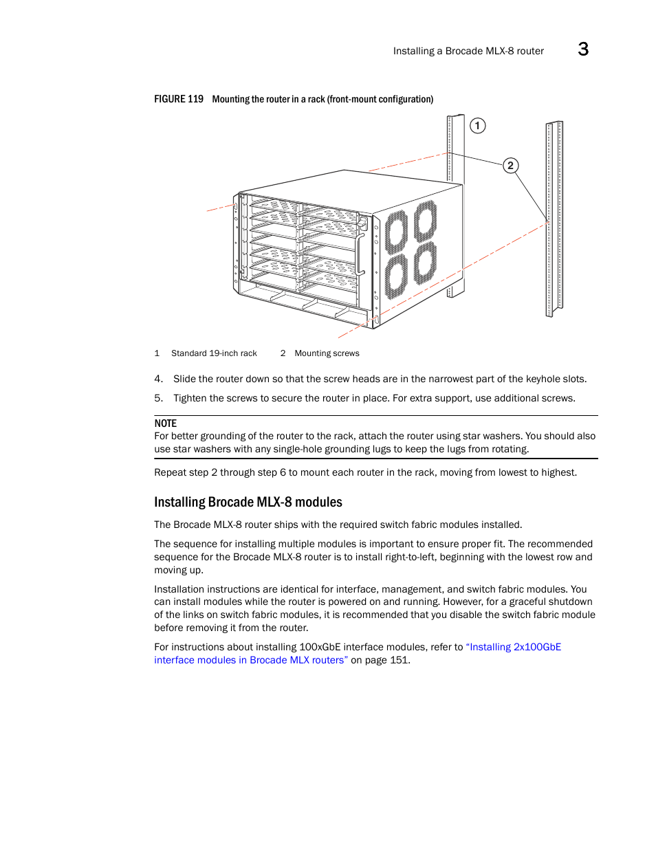 Installing brocade mlx-8 modules | Brocade Communications Systems Brocade MLX Series and Brocade Netlron XMR 53-1002373-02 User Manual | Page 185 / 452