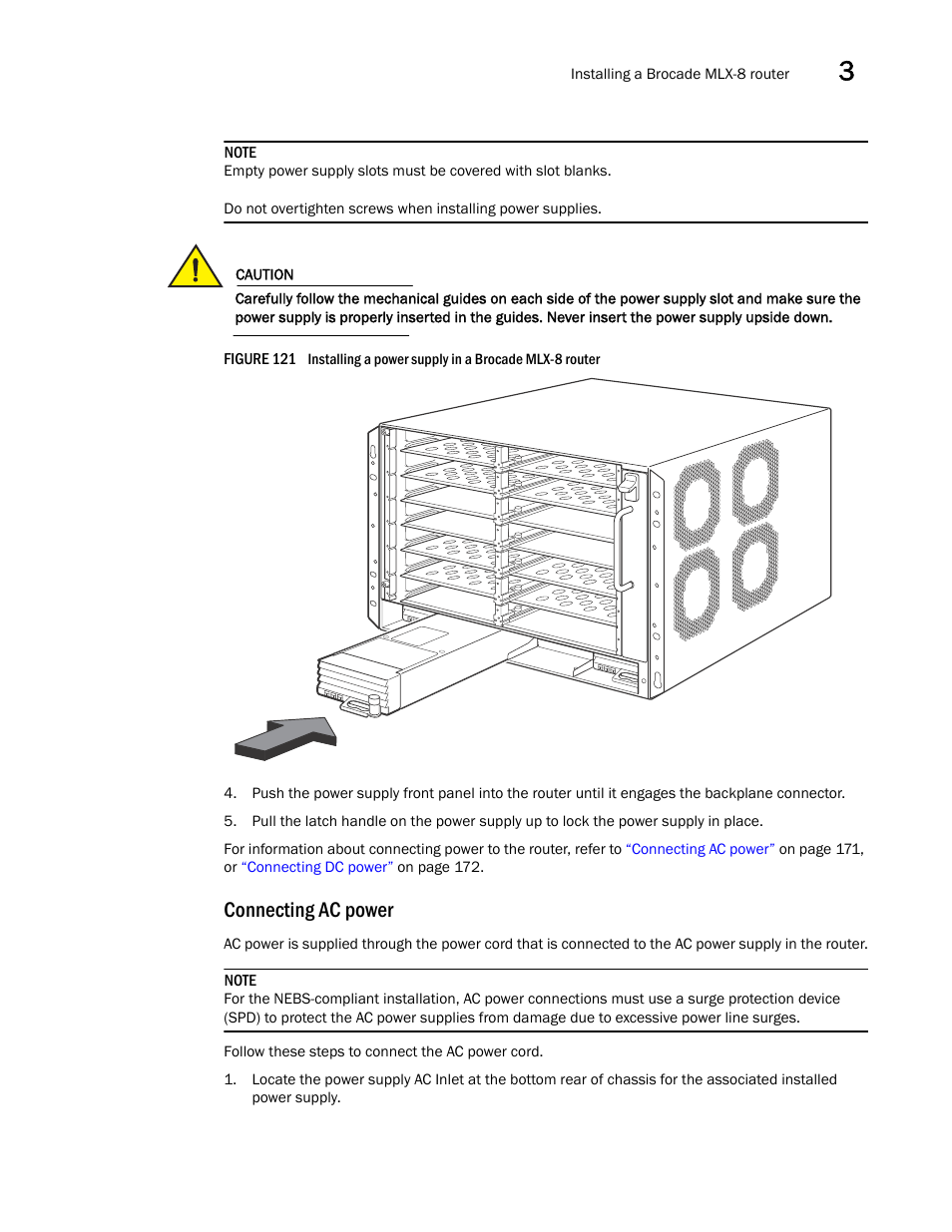 Connecting ac power | Brocade Communications Systems Brocade MLX Series and Brocade Netlron XMR 53-1002373-02 User Manual | Page 189 / 452