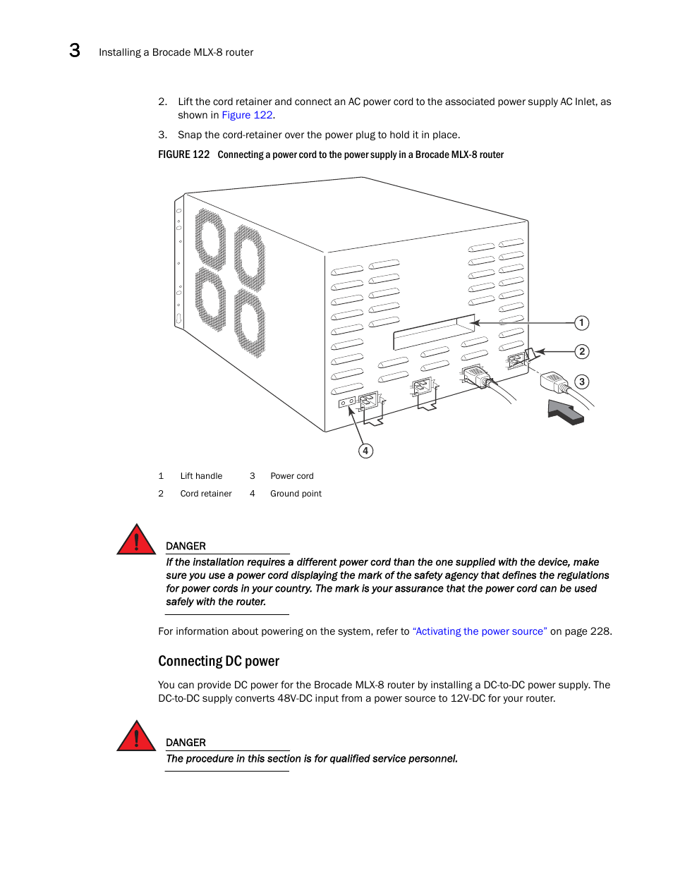 Connecting dc power | Brocade Communications Systems Brocade MLX Series and Brocade Netlron XMR 53-1002373-02 User Manual | Page 190 / 452