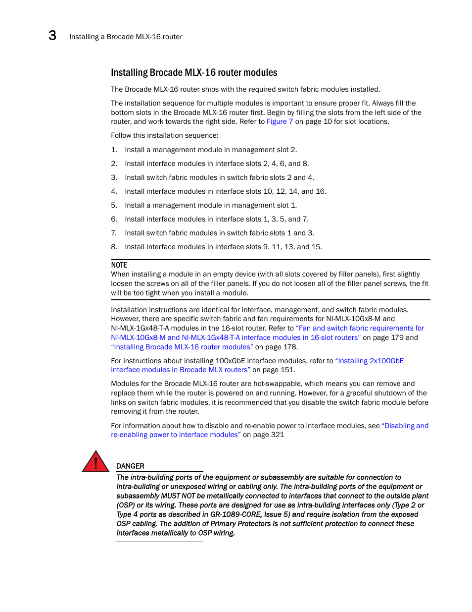 Installing brocade mlx-16 router modules | Brocade Communications Systems Brocade MLX Series and Brocade Netlron XMR 53-1002373-02 User Manual | Page 196 / 452