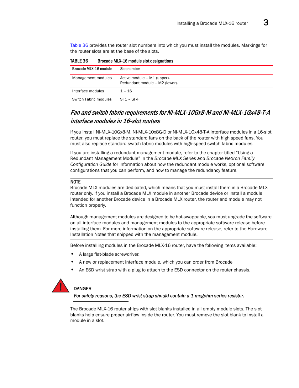 Fan and switch fabric requirements for | Brocade Communications Systems Brocade MLX Series and Brocade Netlron XMR 53-1002373-02 User Manual | Page 197 / 452