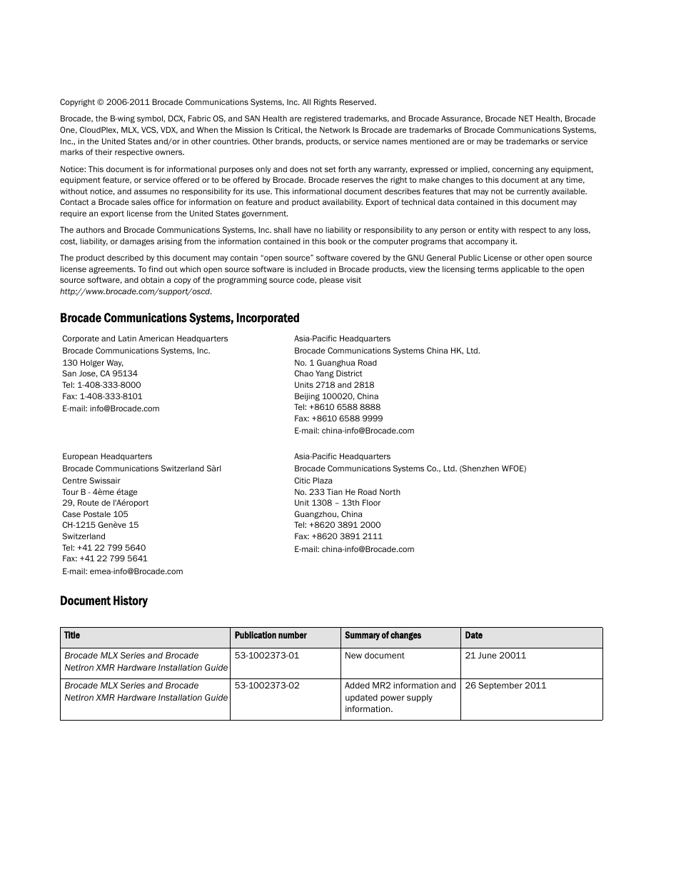 Brocade Communications Systems Brocade MLX Series and Brocade Netlron XMR 53-1002373-02 User Manual | Page 2 / 452