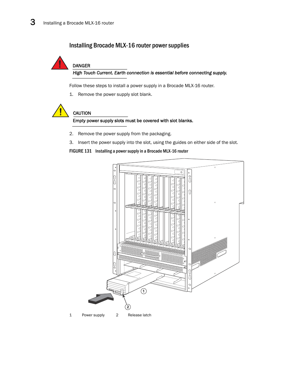 Installing brocade mlx-16 router power supplies | Brocade Communications Systems Brocade MLX Series and Brocade Netlron XMR 53-1002373-02 User Manual | Page 204 / 452