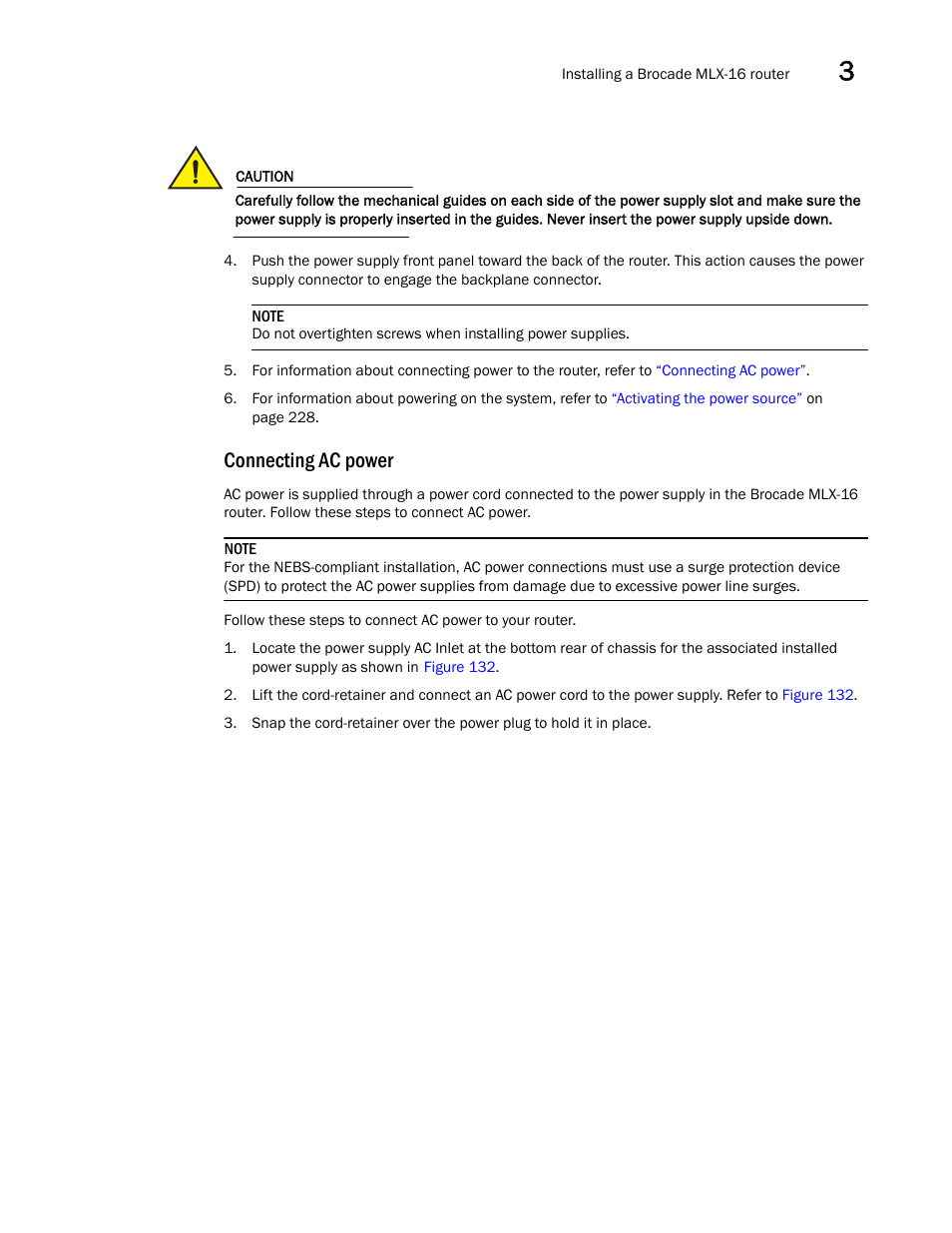 Connecting ac power | Brocade Communications Systems Brocade MLX Series and Brocade Netlron XMR 53-1002373-02 User Manual | Page 205 / 452