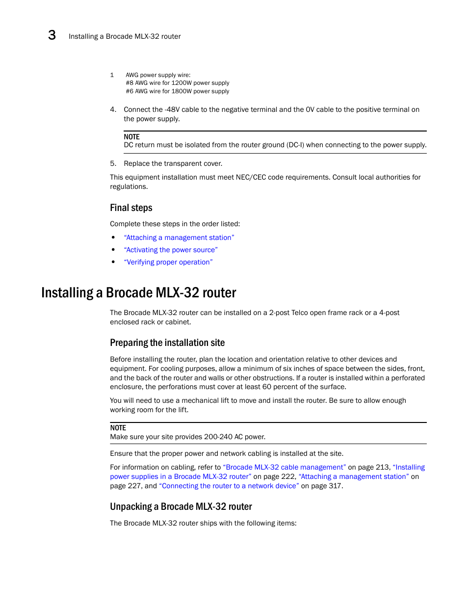 Final steps, Installing a brocade mlx-32 router, Preparing the installation site | Unpacking a brocade mlx-32 router | Brocade Communications Systems Brocade MLX Series and Brocade Netlron XMR 53-1002373-02 User Manual | Page 208 / 452
