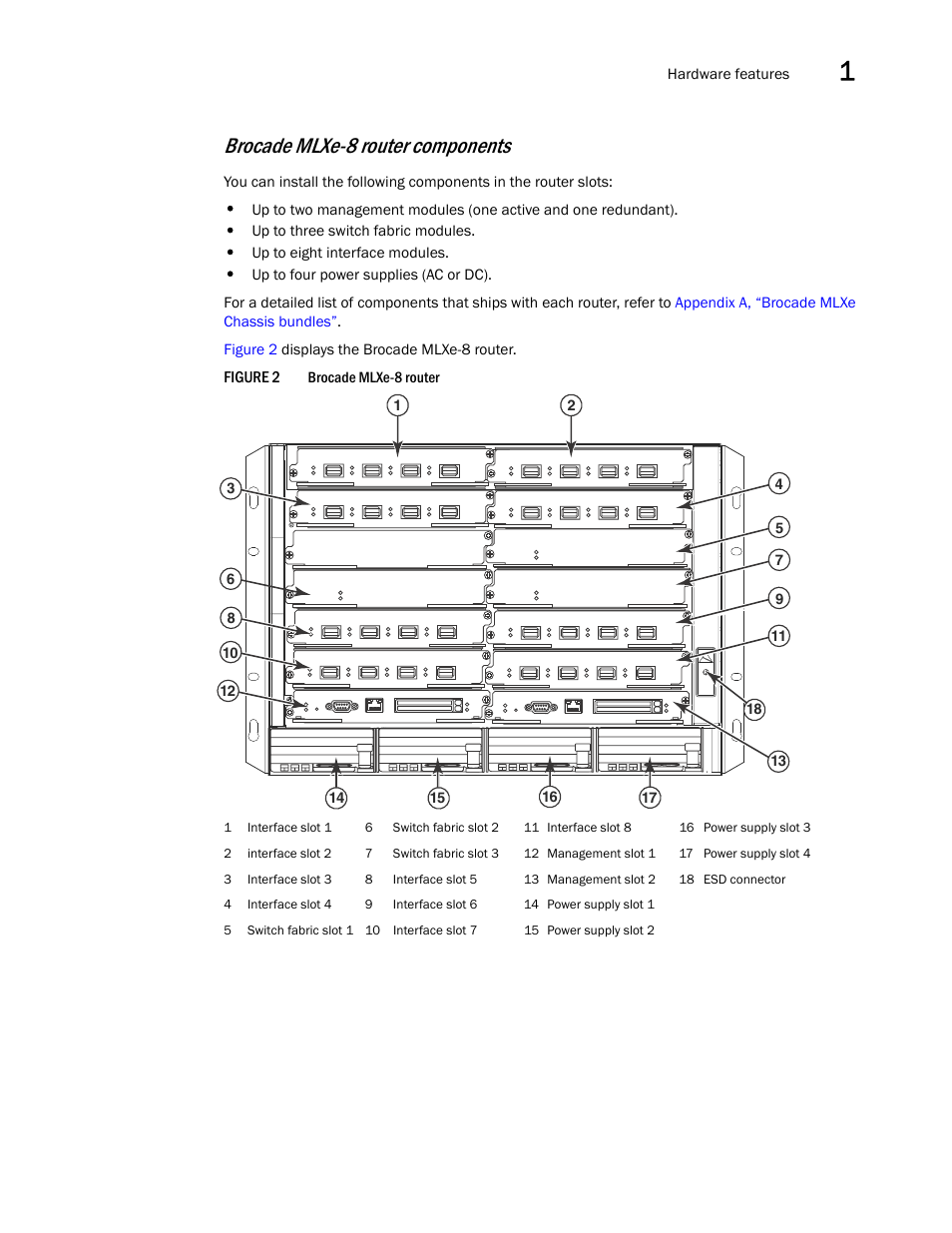 Figure 2, Brocade mlxe-8 router components | Brocade Communications Systems Brocade MLX Series and Brocade Netlron XMR 53-1002373-02 User Manual | Page 21 / 452