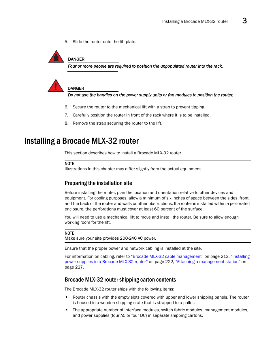 Installing a brocade mlx-32 router, Preparing the installation site, Brocade mlx-32 router shipping carton contents | Brocade Communications Systems Brocade MLX Series and Brocade Netlron XMR 53-1002373-02 User Manual | Page 213 / 452