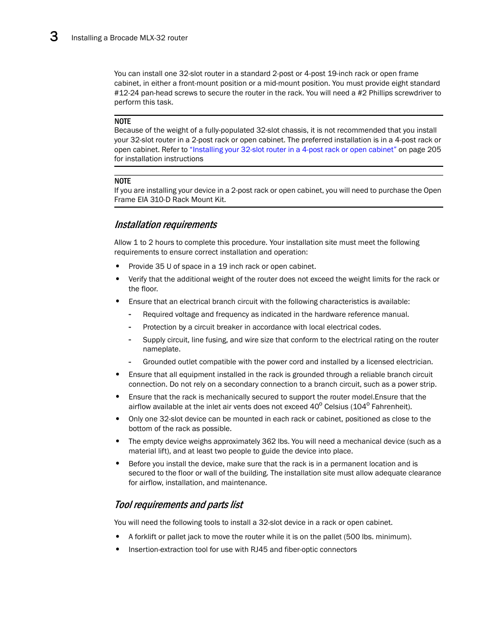 Installation requirements, Tool requirements and parts list | Brocade Communications Systems Brocade MLX Series and Brocade Netlron XMR 53-1002373-02 User Manual | Page 216 / 452