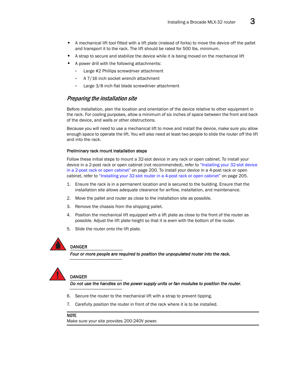Preparing the installation site | Brocade Communications Systems Brocade MLX Series and Brocade Netlron XMR 53-1002373-02 User Manual | Page 217 / 452