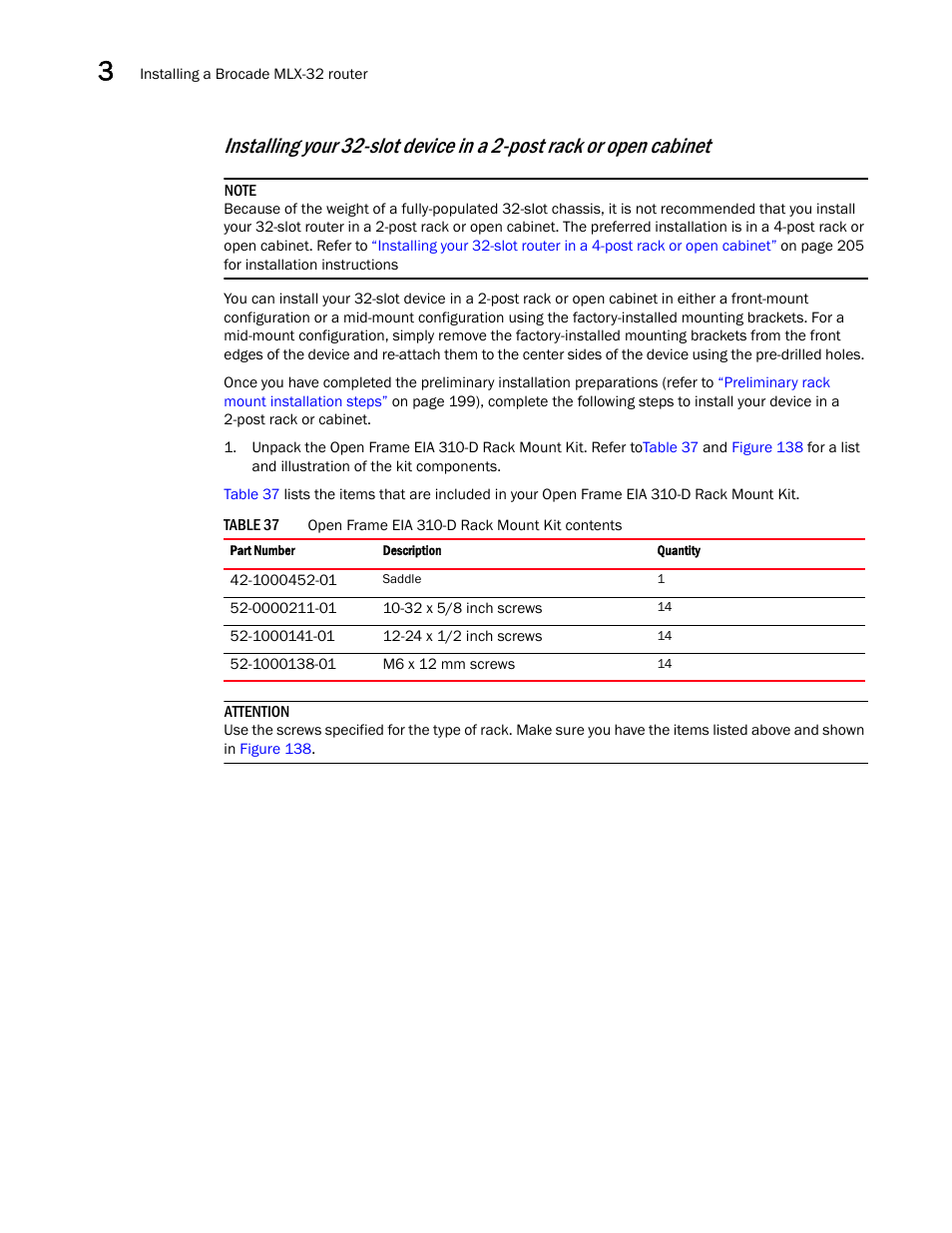 Installing your 32-slot device, In a 2-post rack or open cabinet | Brocade Communications Systems Brocade MLX Series and Brocade Netlron XMR 53-1002373-02 User Manual | Page 218 / 452