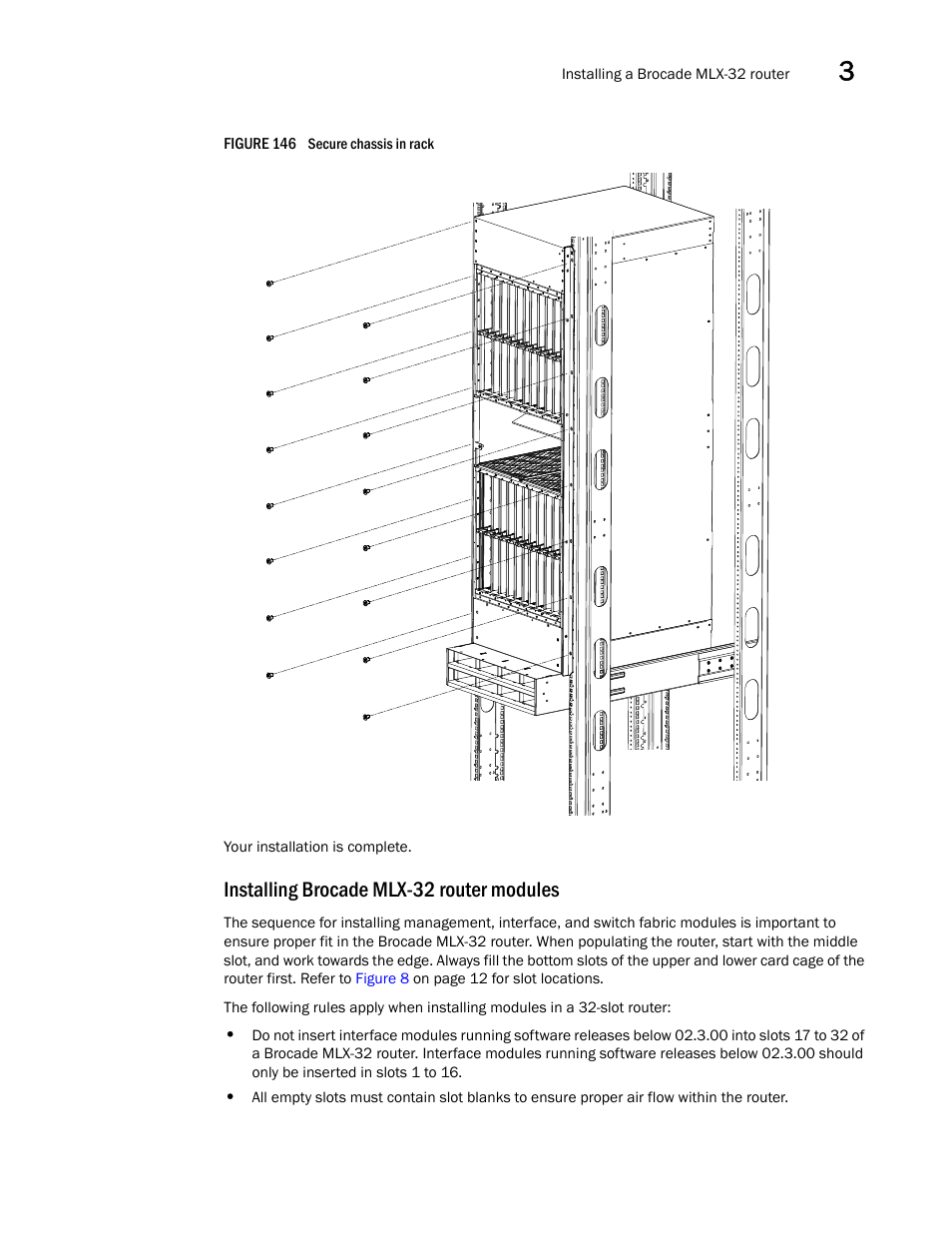 Installing brocade mlx-32 router modules | Brocade Communications Systems Brocade MLX Series and Brocade Netlron XMR 53-1002373-02 User Manual | Page 227 / 452