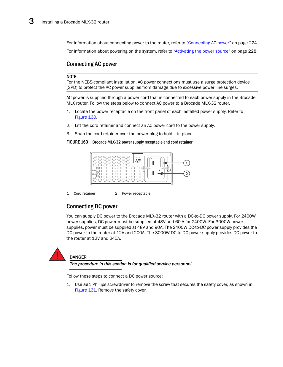 Connecting ac power, Connecting dc power | Brocade Communications Systems Brocade MLX Series and Brocade Netlron XMR 53-1002373-02 User Manual | Page 242 / 452