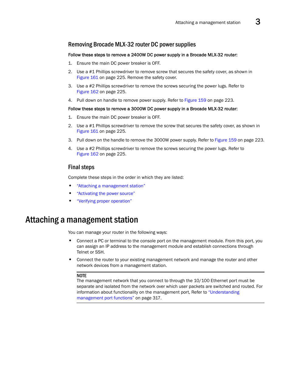 Removing brocade mlx-32 router dc power supplies, Final steps, Attaching a management station | Attaching a, Management station | Brocade Communications Systems Brocade MLX Series and Brocade Netlron XMR 53-1002373-02 User Manual | Page 245 / 452